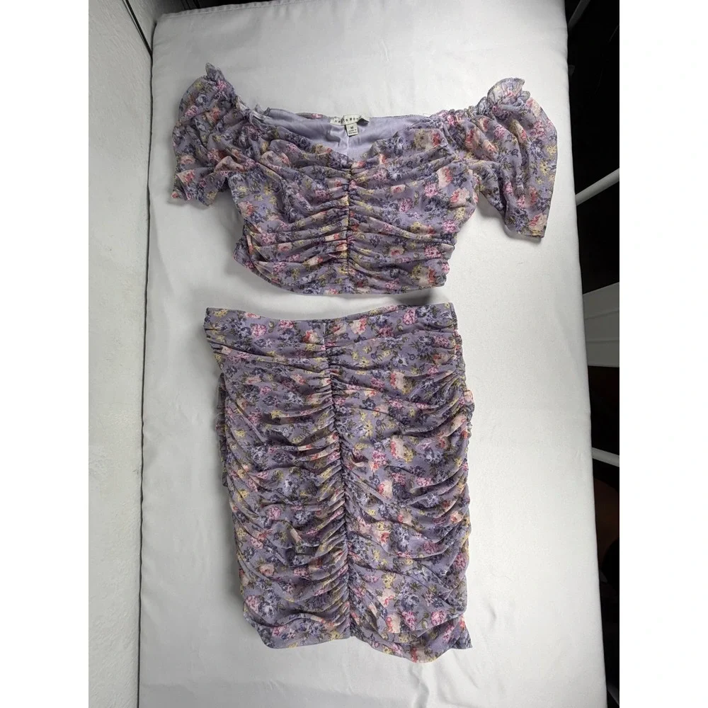 Haute Monde Two Piece Skirt Set Womens M Purple Excellent Floral Ruched Mesh Y2K